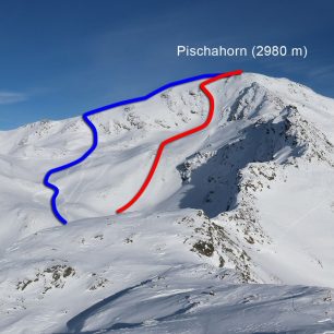 Výstupová stopa je značena modře, jedna z možných sjezdových červeně