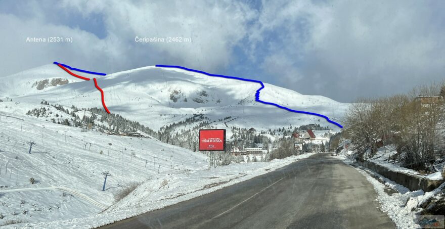 Část skialpinistického okruhu přes Čeripašinu a Antenu, modře je výstup a červeně sjezd