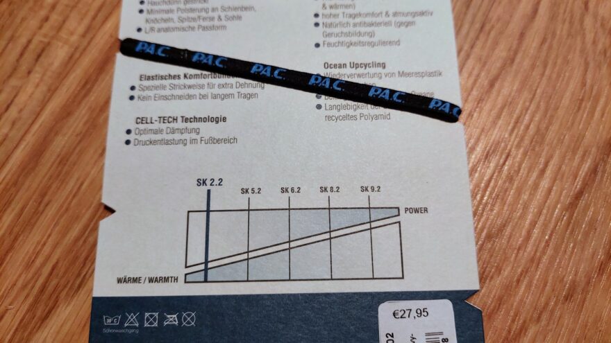 Infografika na hangtagu ponožek P.A.C. SK 2.2 MERINO TOURING