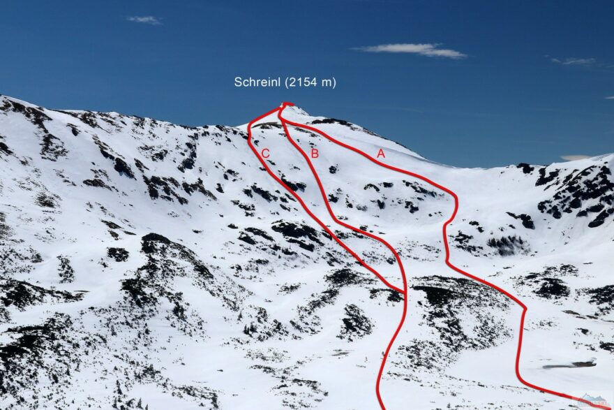 Tři z řady variant sjezdů ze Schreinlu: A je nejčastěji používaný nejjednodušší sjezd, B a C jsou strmější varianty i se skalkami