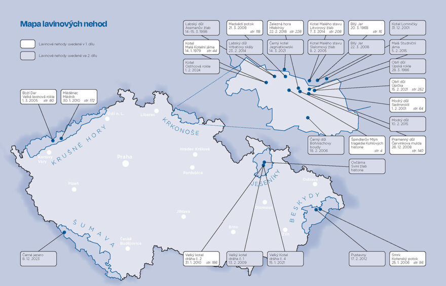 Mapka z knihy Laviny v Česku s vyznačenými zpracovanými lavinovými nehodami