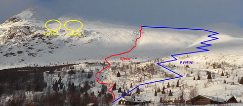 Spuštění laviny za nízkého stupně lavinového nebezpečí na norském Nibbi (1741 m)