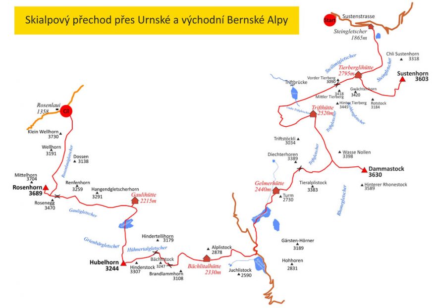 Ledovcový skialpinistický přechod po Urnských a východních Bernských Alpách