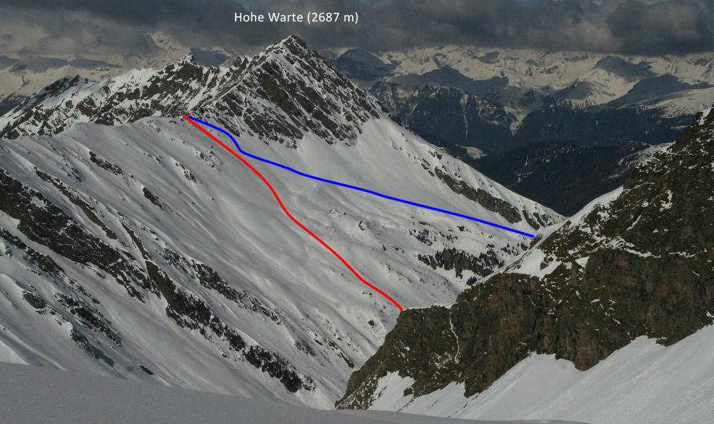 Výstupová modrá trasa a sjezdová červená trasa - v nákresu je jenom úsek do sedla