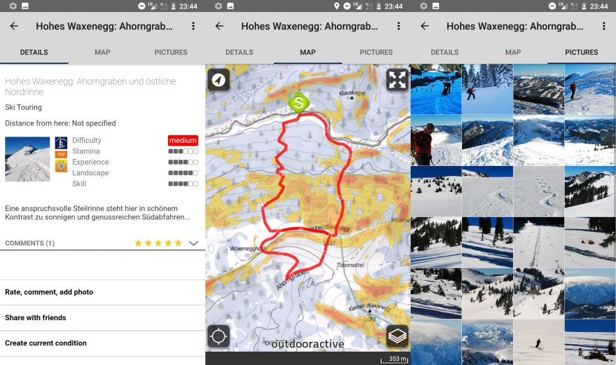 Zobrazení túry v aplikaci Ortovoxu společně s mapovými podklady a fotografiemi