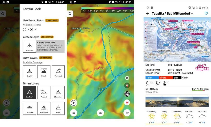 Přehled možných nastavení u mapových podkladů Begfex společně s ukázkovým přehledem pro Tauplitz